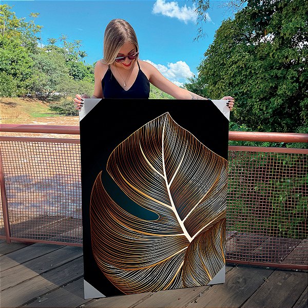 Quadro Decorativo Canvas Folhas Douradas Envelhecidas Fundo Preto III Vertical