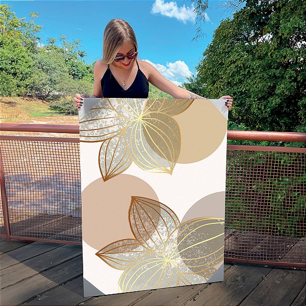 Quadro Decorativo Canvas Composição de Flores em Traços Dourados com Tons Neutros I Vertical