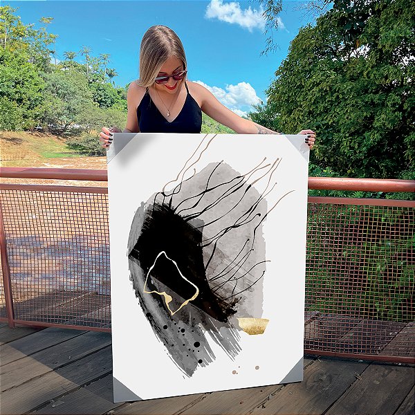 Quadro Decorativo Canvas Composição Abstrata de Pinceladas na Cor Preta e Cinza Vertical