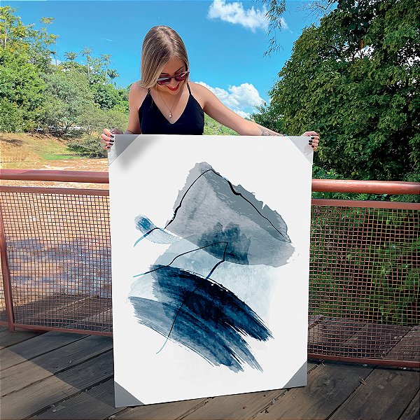 Quadro Decorativo Canvas Composição Abstrata de Pinceladas na Cor Preta e Azul Vertical