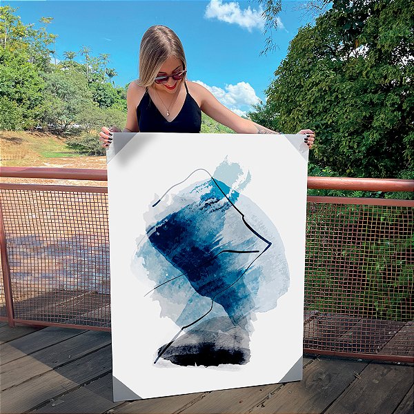 Quadro Decorativo Canvas Composição Abstrata em Cores Cinza e Azul Vertical