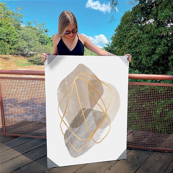 Quadro Decorativo Canvas Composição Abstrata em Cores Neutras e Traços Dourados Vertical