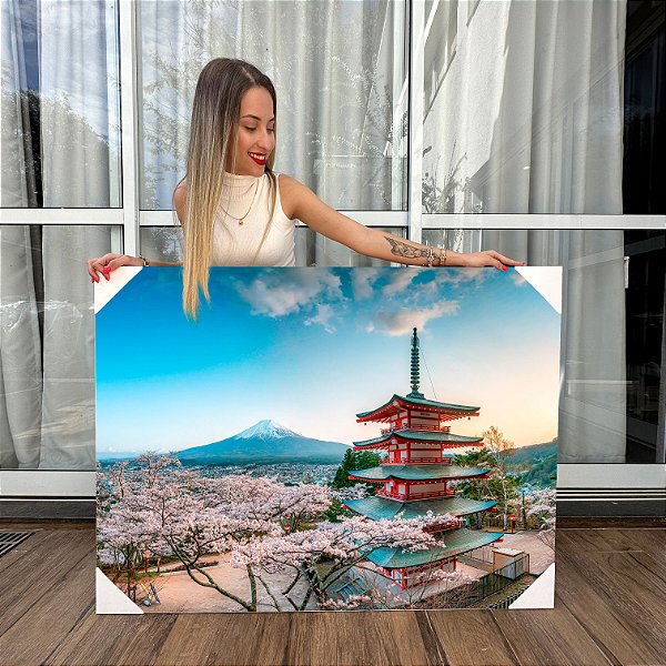Quadro Decorativo Canvas Paisagem Construção Japonesa Com Árvore Cerejeira Horizontal