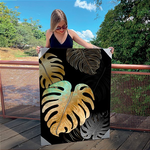 Quadro Decorativo Canvas Folhagens Costela de Adão Dourada em Fundo Escuro Vertical