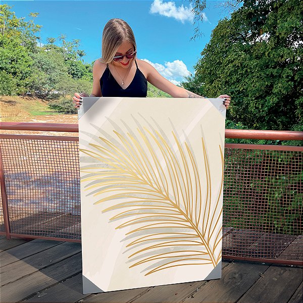 Quadro Decorativo Canvas Folhagens Douradas em Fundo Branco I Vertical