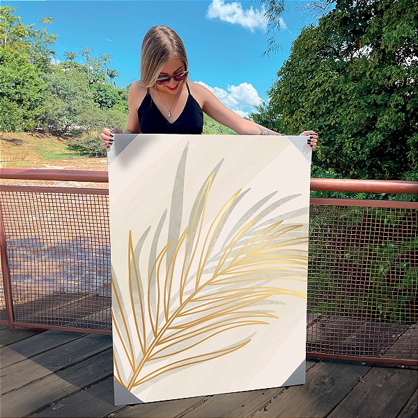 Quadro Decorativo Canvas Folhagens Douradas em Fundo Branco III Vertical