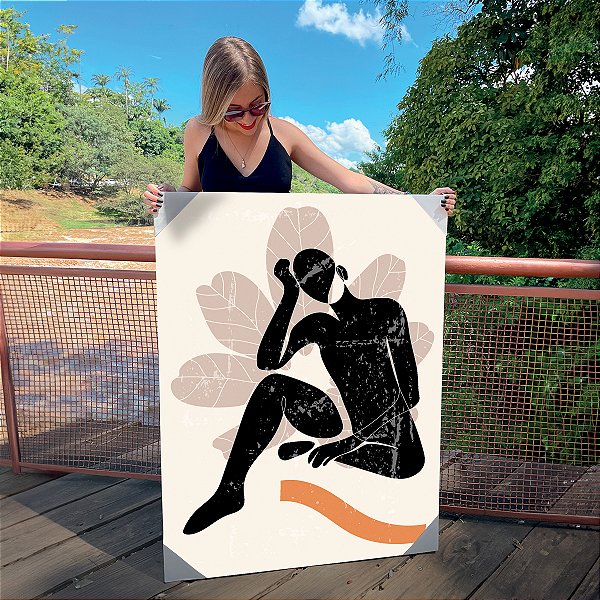 Quadro Decorativo Canvas Beleza Feminina Silhueta de Mulher Sentada em Tons Terrosos Vertical