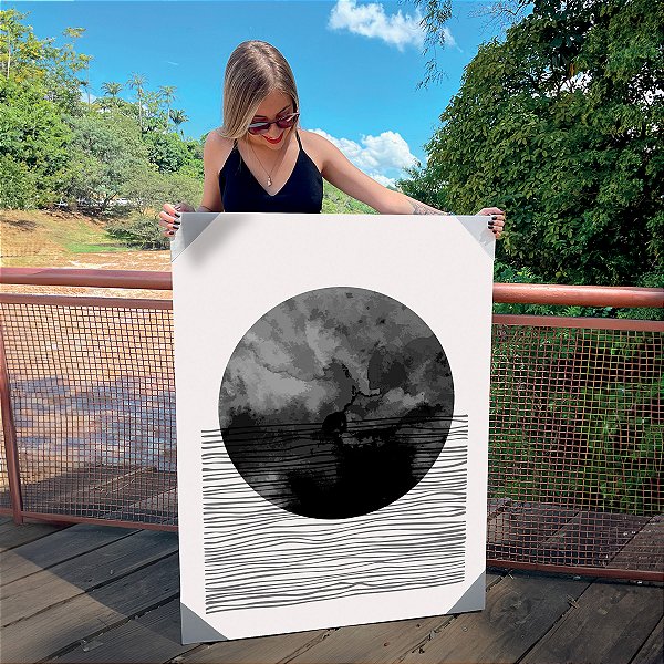 Quadro Decorativo Canvas Composição Abstrata Círculo Preto e Cinza Sombreado e linhas Vertical