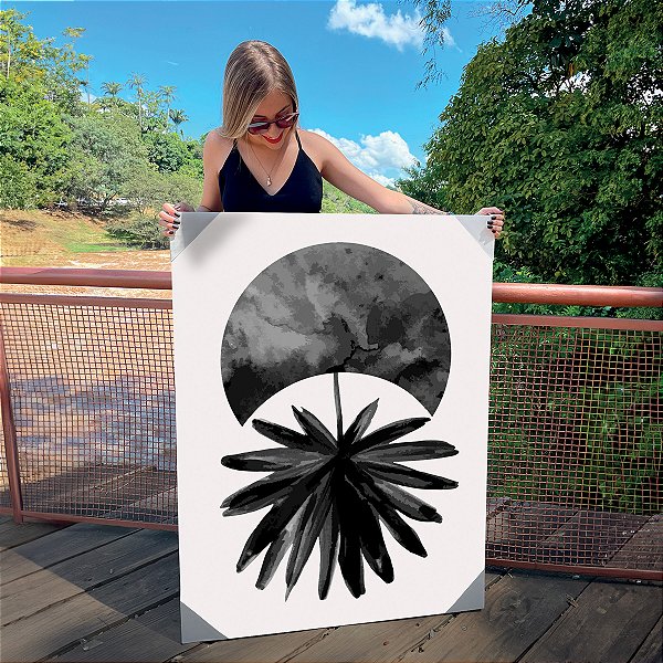 Quadro Decorativo Canvas Composição Abstrata com Forma Circular e Folha de Palmeira em Aquarela Horizontal