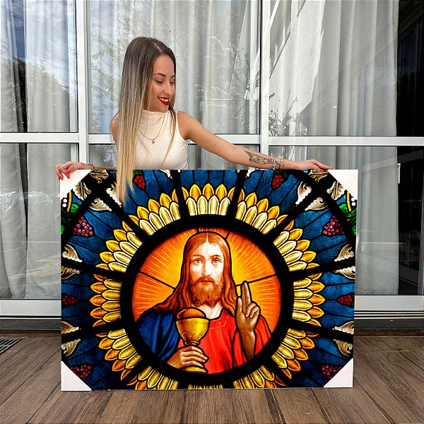 Quadro Decorativo Canvas Religioso Jesus Cristo Eucarístico em Vitral Horizontal