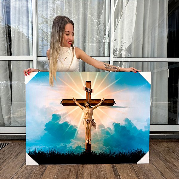 Quadro Decorativo Canvas Religioso Jesus Cristo na Cruz Colorido Horizontal