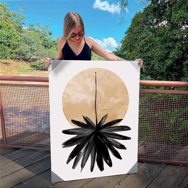 Quadro Decorativo Canvas Composição Abstrata de Forma Circular Bege com Folha de Palmeira em Aquarela Vertical
