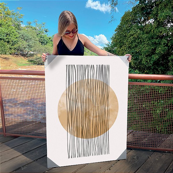 Quadro Decorativo Canvas Composição Abstrata de Forma Circular Bege com Linhas Verticais Pretas Vertical