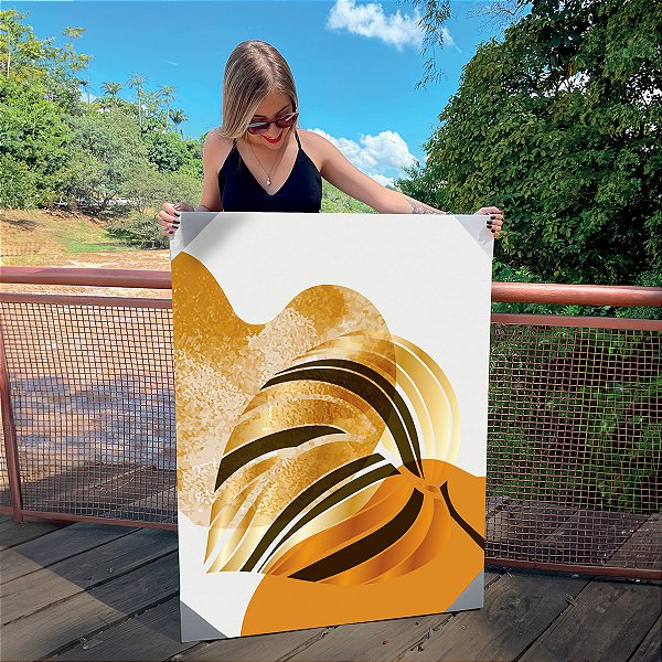 Quadro Decorativo Canvas Composição Abstrata Moderna de Folhas Pinceladas nas Cores Douradas II Vertical