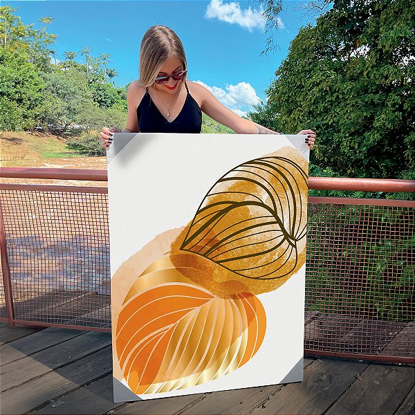 Quadro Decorativo Canvas Composição Abstrata Moderna de Folhas Pinceladas nas Cores Douradas IV Vertical
