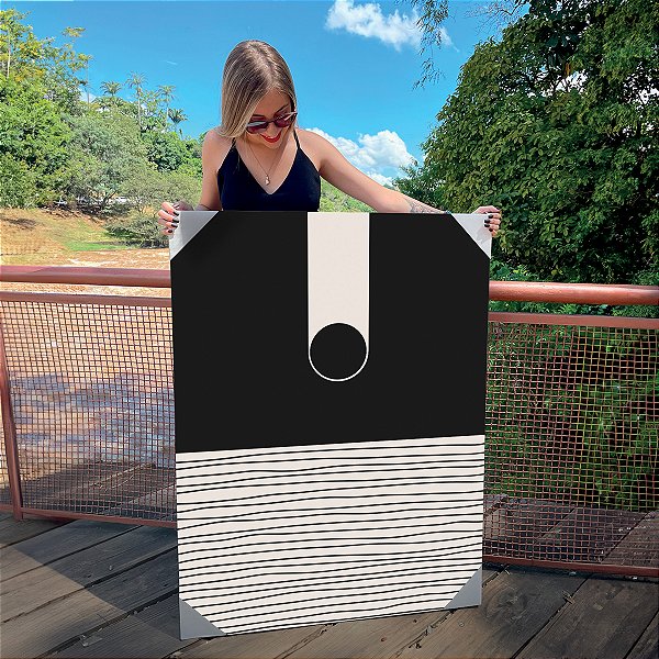 Quadro Decorativo Canvas Composição Abstrata De Malha de Linhas Horizontais e Circunferência em Fundo Preto Horizontal