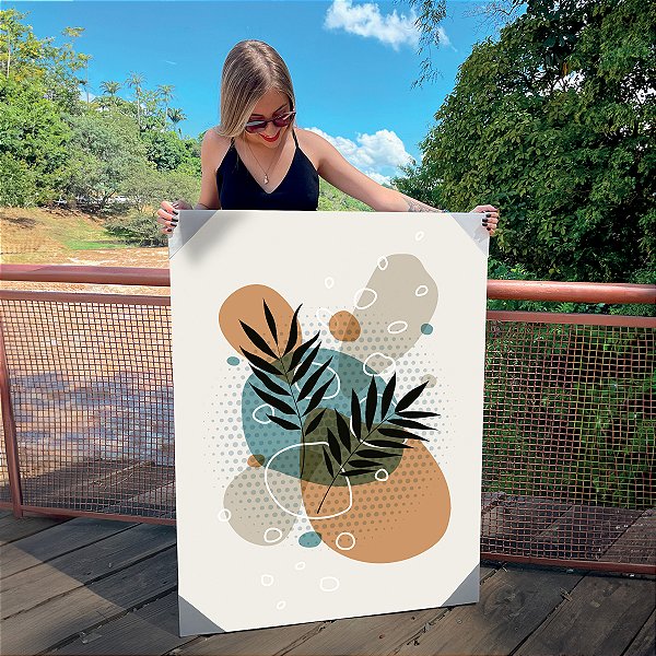 Quadro Decorativo Canvas Ramos de Folhas com Cores Verde, Bege e Laranja Vertical