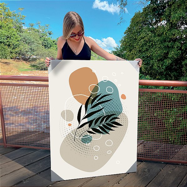 Quadro Decorativo Canvas Ramos de Folhas com Cores Azul, Bege e Laranja III Vertical