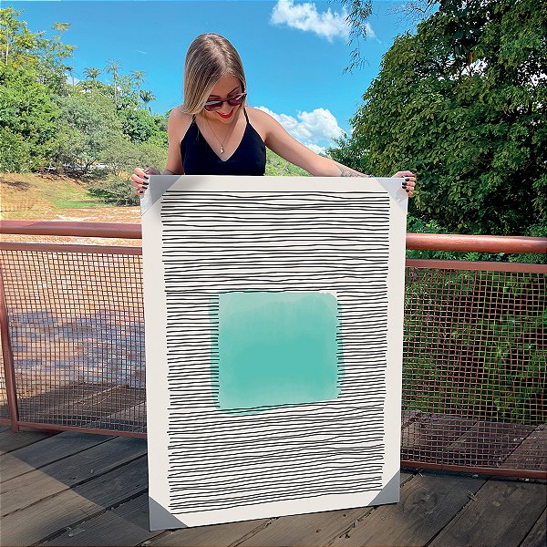 Quadro Decorativo Canvas Composição Abstrata de Malha de Linhas Horizontais com Quadrado Azul ao Centro Vertical