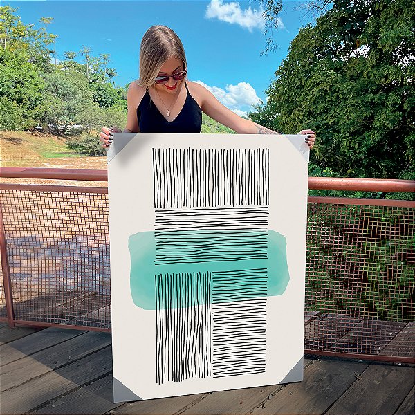 Quadro Decorativo Canvas Composição de Linhas Horizontais e Verticais com Retângulo Azul ao Centro Vertical