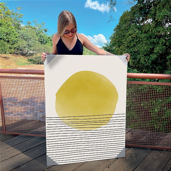 Quadro Decorativo Canvas Composição Abstrata de Esfera Irregular Amarela com Linhas Horizontais Vertical