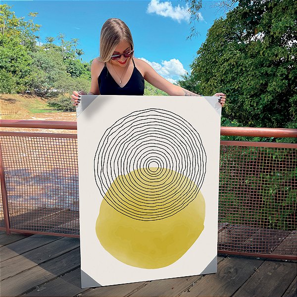 Quadro Decorativo Canvas Composição Abstrata de Esferas Amarela e de Linhas Circulares Vertical