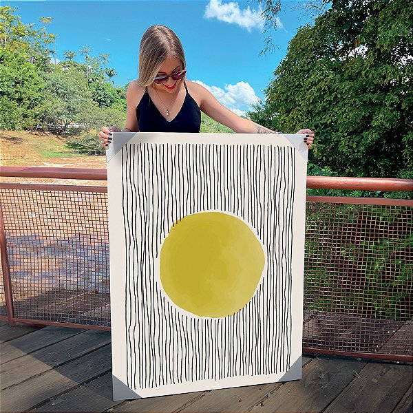 Quadro Decorativo Canvas Composição Abstrata de Esferas Amarela e de Linhas Verticais Irregulares Vertical