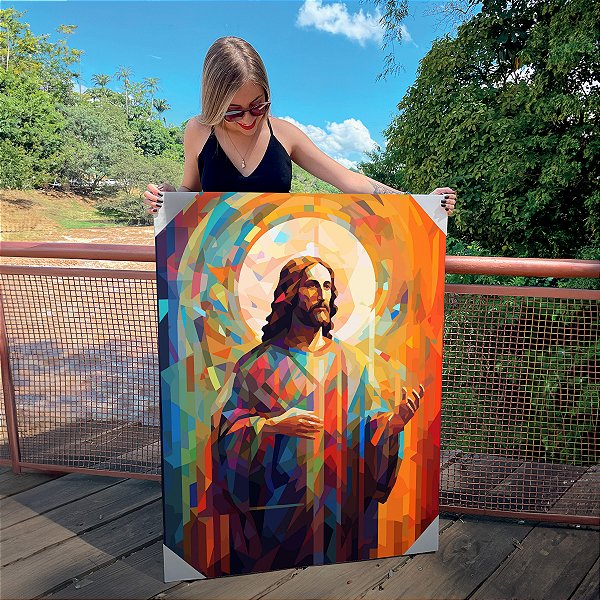 Quadro Decorativo Canvas Religioso Jesus Cristo Colorido em Estilo Cubismo Vertical