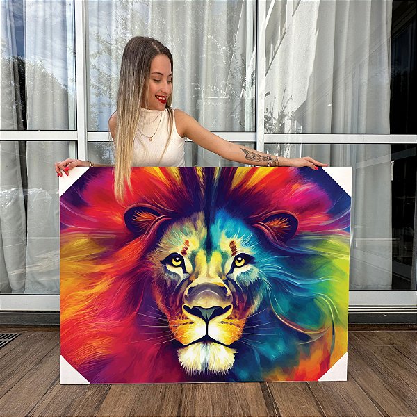 Quadro Decorativo Canvas Leão Em Estilo Aquarela Colorido Horizontal