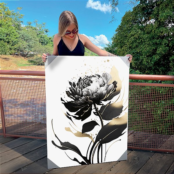 Quadro Decorativo Canvas Floral com Flor em Detalhes Cinza, Preto e Dourado II Vertical