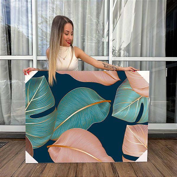 Quadro Decorativo Canvas Folhagens em Cores Verde e Rosê com Detalhes Dourados Horizontal