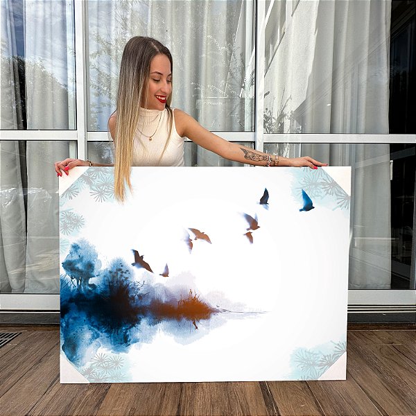 Quadro Decorativo Canvas Paisagem de Pintura de Pássaros Voando em Tons Escuros Horizontal