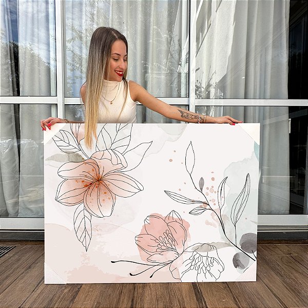 Quadro Decorativo Canvas Floral de Flores Minimalistas em Tons Pasteis Horizontal