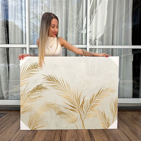 Quadro Decorativo Canvas Folhagens de Coqueiro em Linhas Douradas Horizontal
