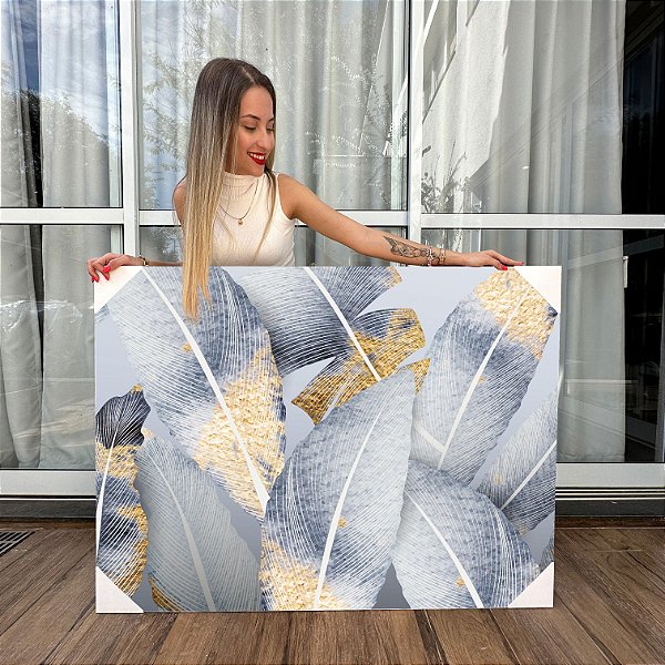 Quadro Decorativo Canvas Folhagens em Cores de Azul Royal com Detalhes em Dourado Horizontal