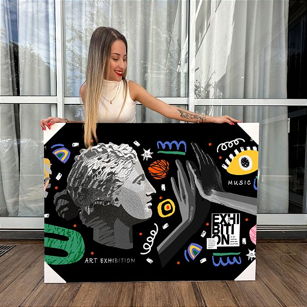 Quadro Decorativo Canvas Composição Abstrata de Rosto de Estátuas com imagens coloridas Horizontal