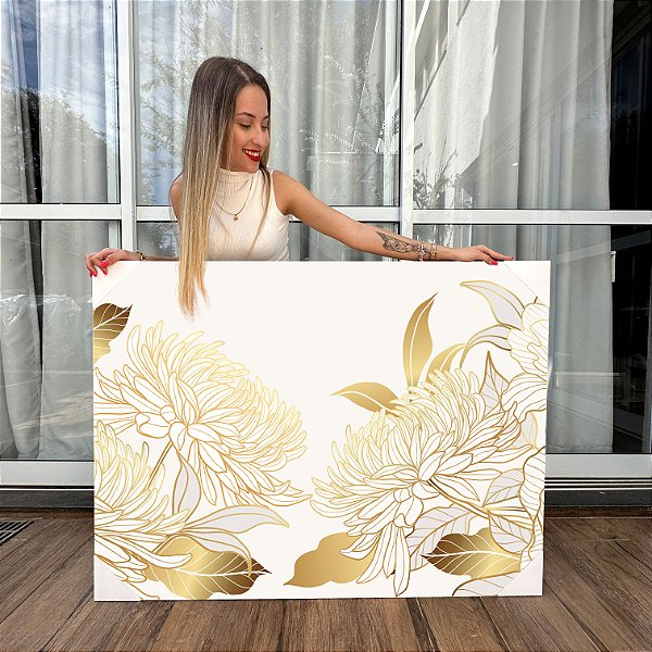 Quadro Decorativo Canvas Composição de Flores Brancas com Detalhes Minimalistas Horizontal