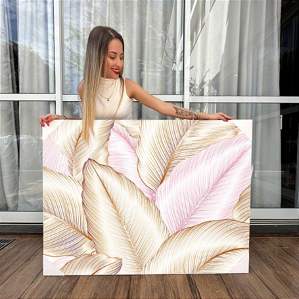 Quadro Decorativo Canvas Composição de Folhas Douradas e Rosê Minimalistas Horizontal
