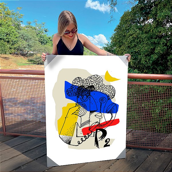 Quadro Decorativo Canvas Rostos Abstratos com cores Amarelo, Vermelho e Azul Vertical