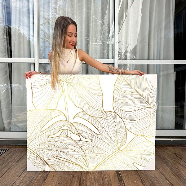 Quadro Decorativo Canvas Folhagens Costela de Adão em Linhas Douradas Delicadas Horizontal