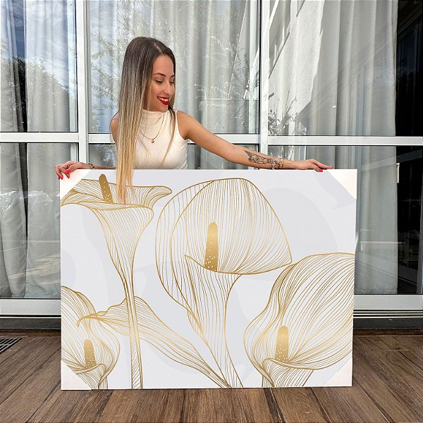 Quadro Decorativo Canvas Flores Copos de Leite em Linhas Douradas Delicadas Horizontal