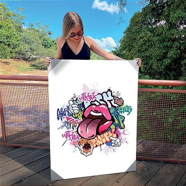 Quadro Decorativo Canvas Boca com Língua para Fora em Estilo Street Art Vertical