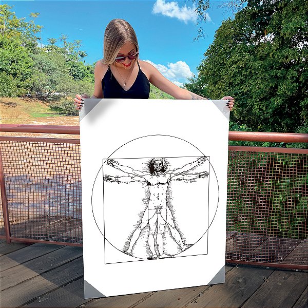 Quadro Decorativo Canvas Desenho de Homem Vitruviano Leonardo da Vinci Sombreado Vertical