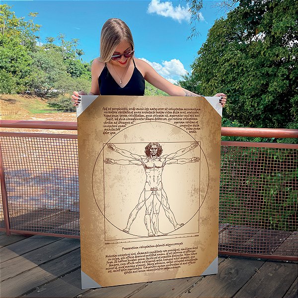 Quadro Decorativo Canvas Desenho de Homem Vitruviano Leonardo da Vinci em Fundo Envelhecido Vertical