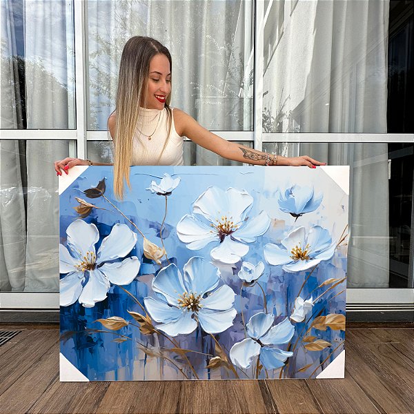 Quadro Decorativo Canvas Composição Floral Flores Azuis com Detalhes Dourados I Horizontal