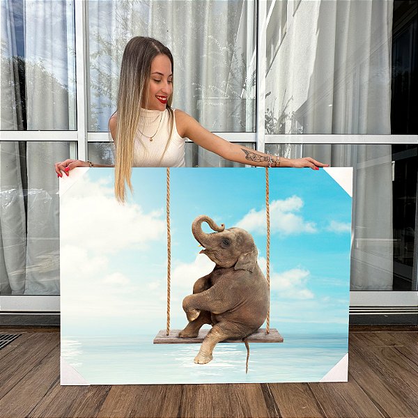Quadro Decorativo Canvas Animais Elefante no Balanço Horizontal