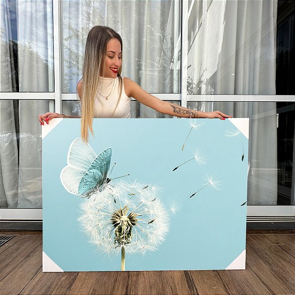 Quadro Decorativo Canvas Dente de Leão Com Borboleta Azul Horizontal
