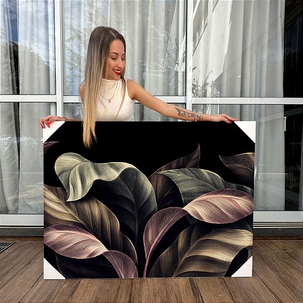 Quadro Decorativo Canvas Composição de Folhagens em Tons Pasteis e Fundo Escuro Horizontal
