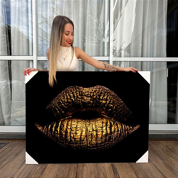 Quadro Decorativo Canvas Composição Abstrata de Boca Dourada ao Fundo Escuro Horizontal