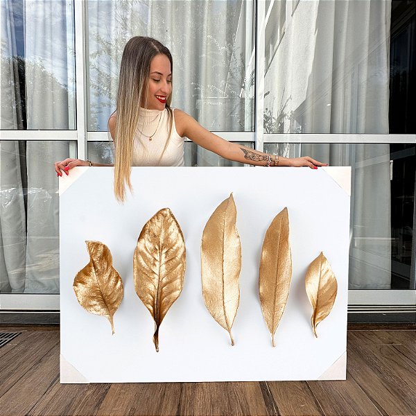 Quadro Decorativo Canvas Folhas Douradas Golden Horizontal